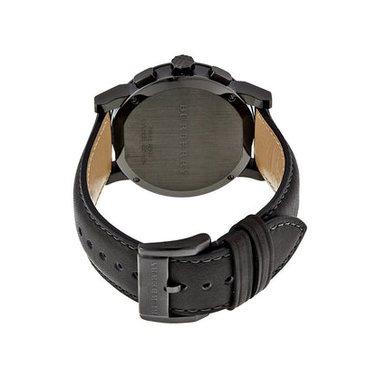 Burberry chronograph watch caseback showing dark grey leather strap and buckle closure