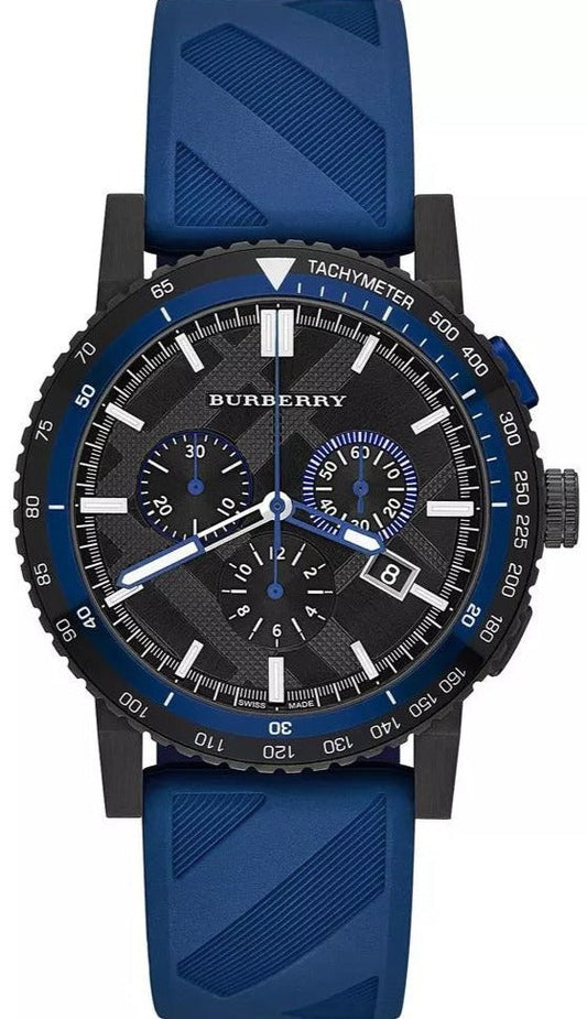 Burberry City Sport chronograph watch with black dial, blue tachymeter bezel, and blue rubber strap