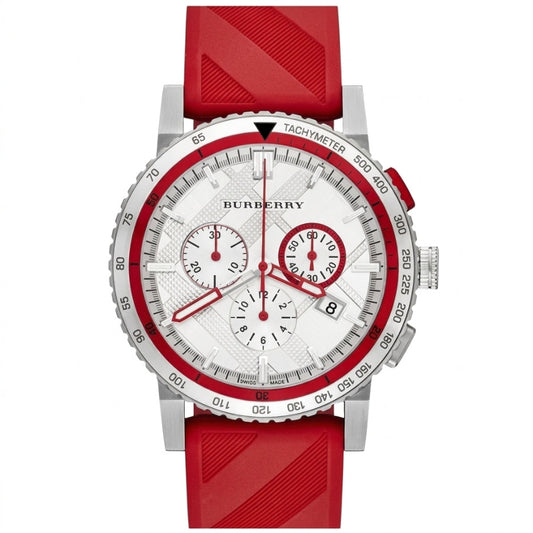 Burberry City Sport Chronograph White Dial Red Rubber Strap Watch For Men - BU9809