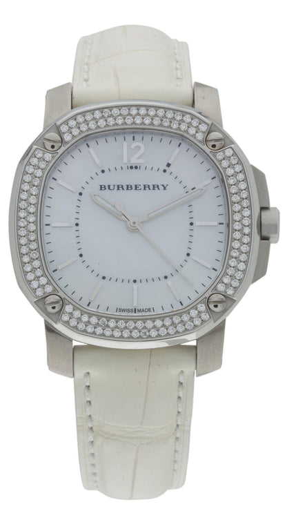 Burberry The Britain Diamond Bezel Mother of Pearl Dial White Leather BBY1800