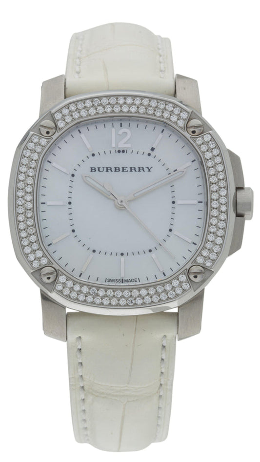 Burberry The Britain Diamond Bezel Mother of Pearl Dial White Leather BBY1800