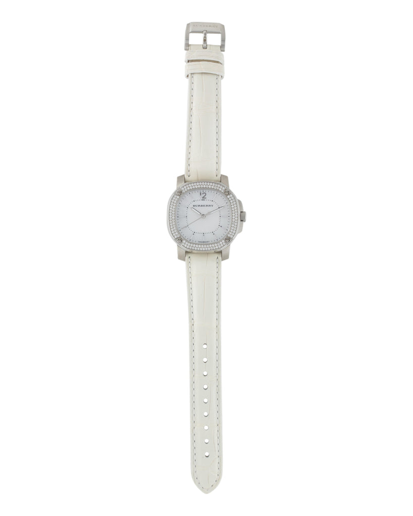 Burberry The Britain Diamond Bezel Mother of Pearl Dial White Leather BBY1800