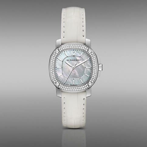 Burberry The Britain Diamond Bezel Mother of Pearl Dial White Leather BBY1800