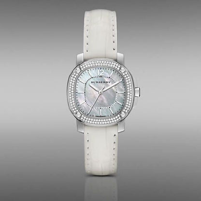 Burberry The Britain Diamond Bezel Mother of Pearl Dial White Leather BBY1800