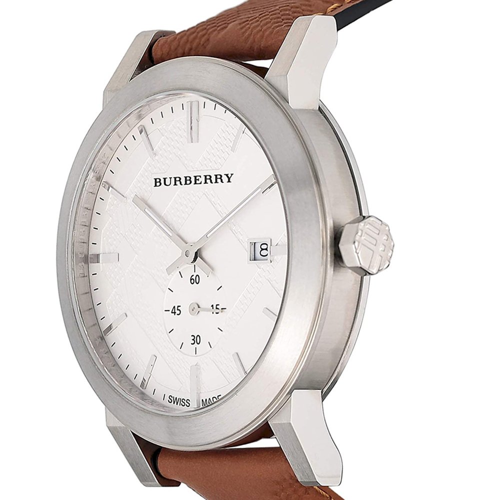 Side angle view of Burberry The City watch showing case thickness and brown leather strap