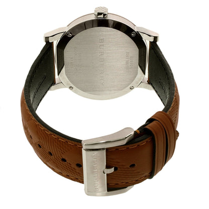 Caseback view of Burberry The City BU9904 showing stainless steel case with engraved details