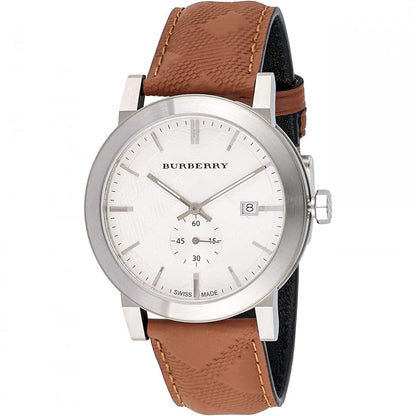 Burberry The City men's watch with white dial, silver case, and tan brown leather strap