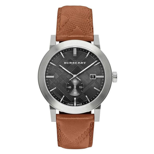 Burberry The City men's watch with stainless steel case, black dial, and brown leather strap