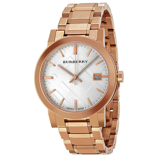 Burberry The City Check Stamped Silver White Dial Rose Gold Stainless Steel Unisex BU9004