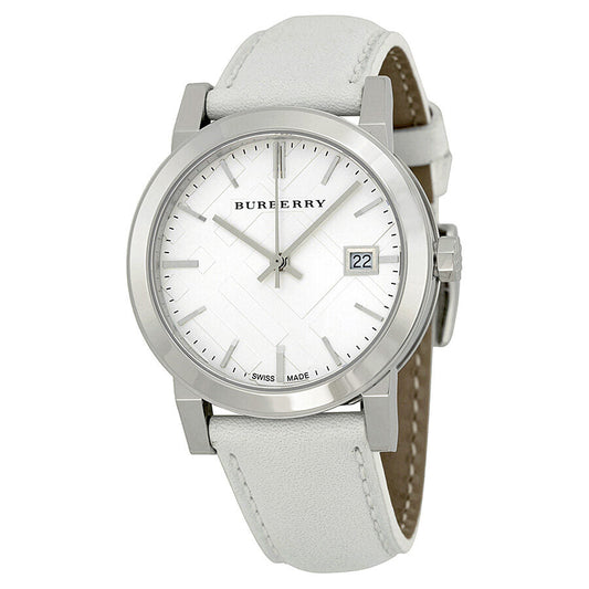 Burberry White Impressed Check Dial White Leather Strap Ladies Watch BU9128