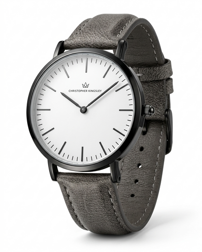 Christopher Kingsley watch on grey leather strap shown at side angle with visible buckle