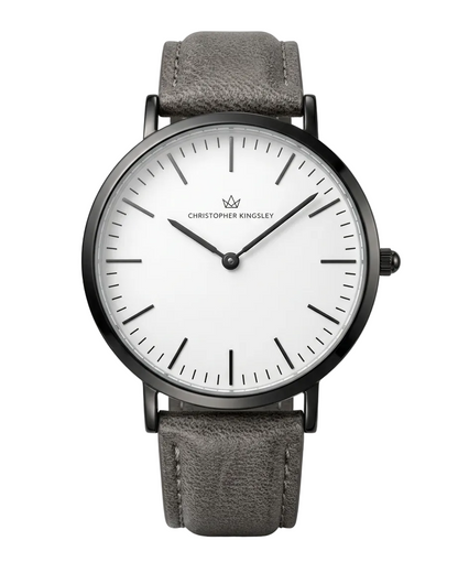 Christopher Kingsley watch with white dial and grey leather strap, front view