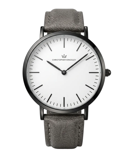 Christopher Kingsley watch with white dial and grey leather strap, front view