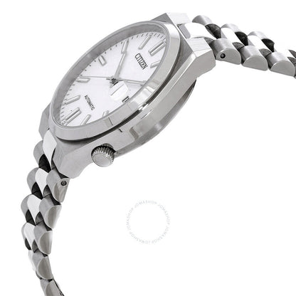 Citizen Tsuyosa watch at angle showing case profile and stainless steel bracelet