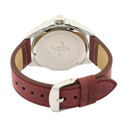 Caseback view of Daniel Klein watch with brown leather strap attachment detail