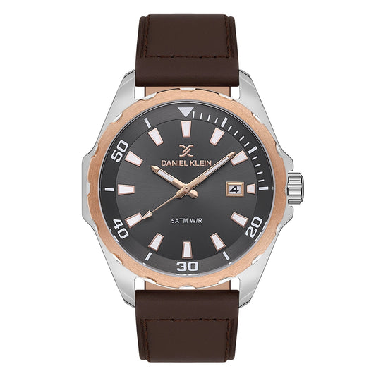 Daniel Klein two-tone watch with grey dial, date window, and brown leather strap