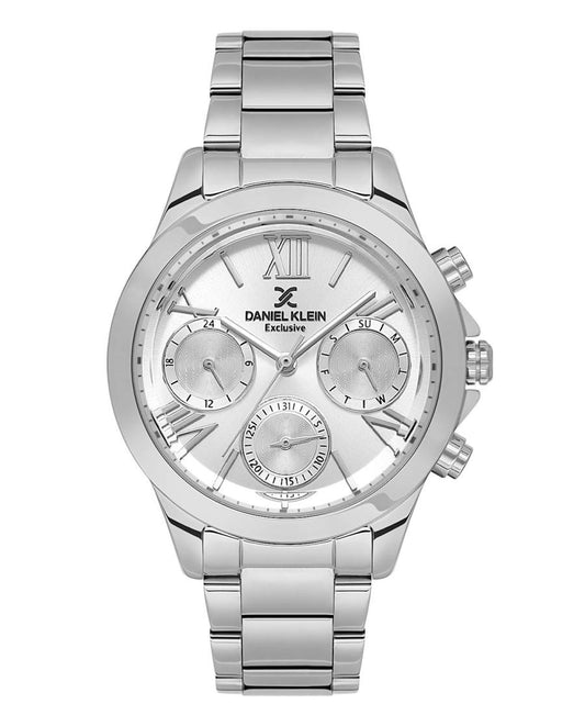 Daniel Klein Exclusive silver multifunction watch with chronograph subdials and Roman numerals