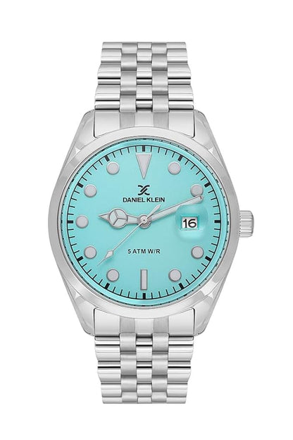 Daniel Klein Premium watch on wrist showing turquoise dial and silver bracelet