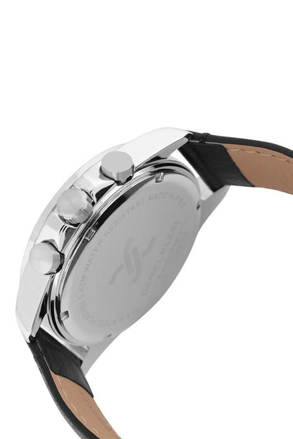 Angled view of Daniel Klein chronograph watch with silver case and black leather strap