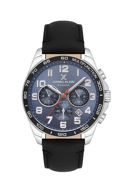 Daniel Klein Exclusive Chronograph Blue Dial Black Genuine Leather Silver Watch - DK.1.13843-3