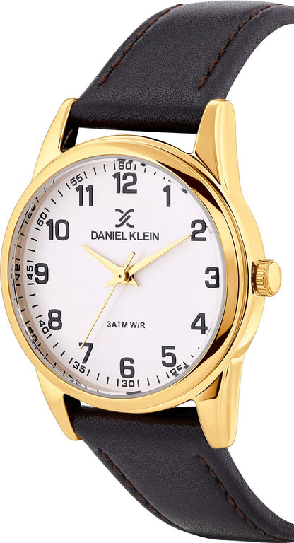 Daniel Klein Arcadia watch side view showing gold case and black leather strap