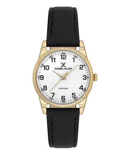 Daniel Klein Arcadia white dial gold watch with black leather strap