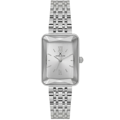 Daniel Klein DK.1.13875-1 rectangular silver watch with Roman numeral dial and matching bracelet