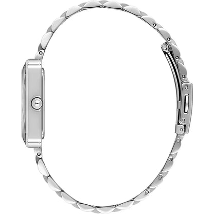 Daniel Klein premium rectangular watch shown side view displaying case and metal bracelet