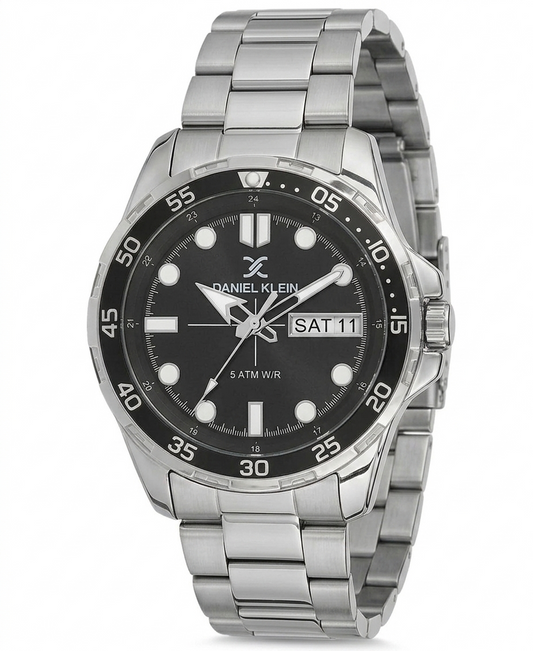 Daniel Klein Premium Day Date Window Black Dial Silver Watch - DK.1.13884-1