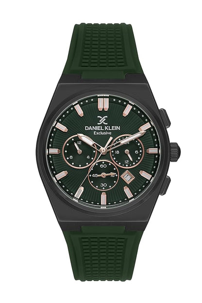 Daniel Klein Exclusive multifunction watch with green dial, black case, and green silicone strap