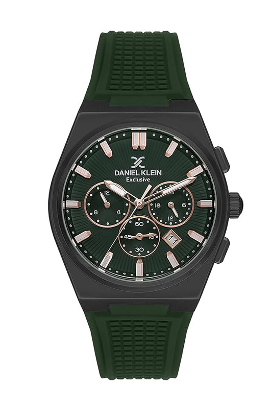 Daniel Klein Exclusive multifunction watch with green dial, black case, and green silicone strap