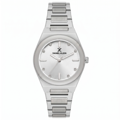 Daniel Klein silver watch with white dial and three hands, silver stainless steel band
