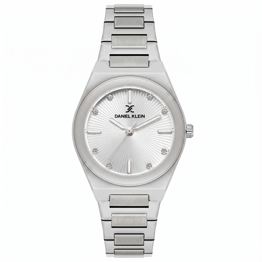 Daniel Klein silver watch with white dial and three hands, silver stainless steel band