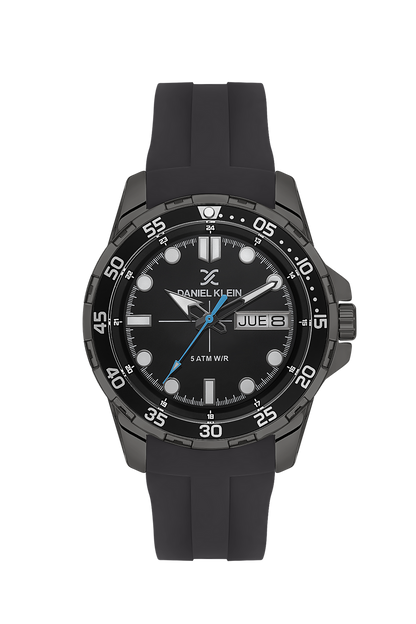 Daniel Klein Premium black dial watch with day-date window and blue hands on silicone strap