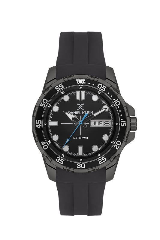 Daniel Klein Premium black dial watch with day-date window and blue hands on silicone strap