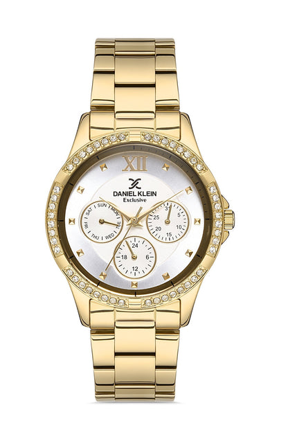 Gold chronograph watch with white dial, three subdials, and crystal-set bezel