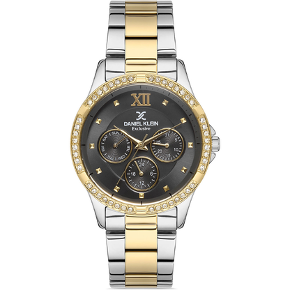 Daniel Klein Exclusive multifunction watch with black dial, diamond bezel, and two-tone bracelet