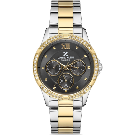 Daniel Klein Exclusive multifunction watch with black dial, diamond bezel, and two-tone bracelet