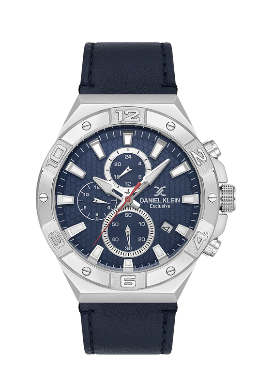 Daniel Klein Exclusive Chronograph Blue Dial and Genuine Leather Silver Watch - DK.1.13744-2