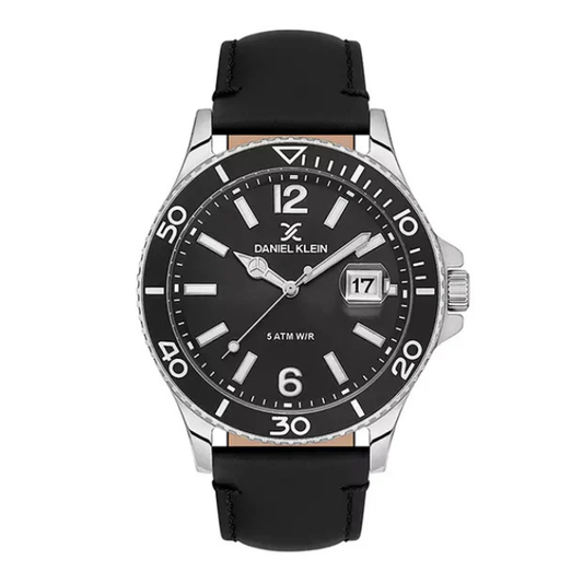 Daniel Klein Premium black dial silver watch with date window and black leather strap