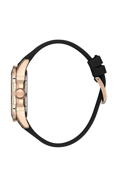 Side view of Daniel Klein Premium watch showing rose gold case and black silicone strap