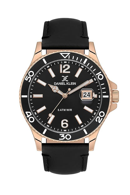 Daniel Klein Premium rose gold watch with black dial, date window, and black leather strap