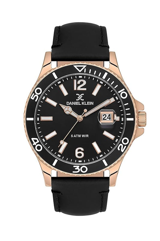 Daniel Klein Premium rose gold watch with black dial, date window, and black leather strap