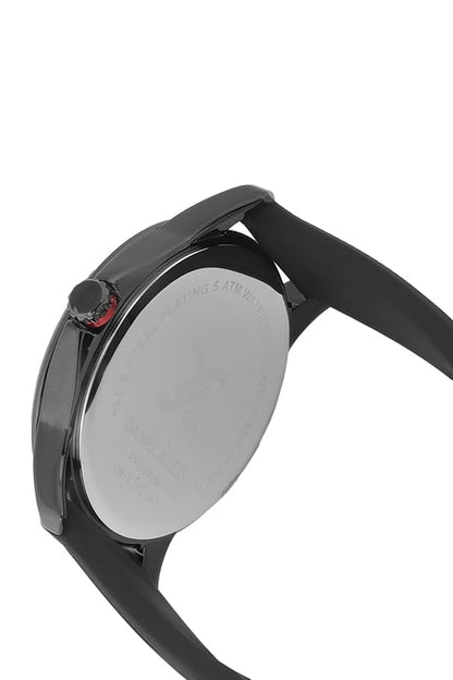 Angled view of Daniel Klein Premium watch showing case profile and silicone strap