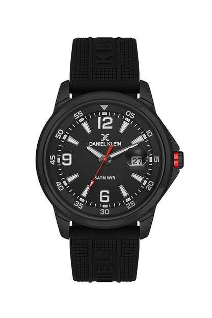 Daniel Klein Premium black dial watch with three hands, date window, and silicone strap