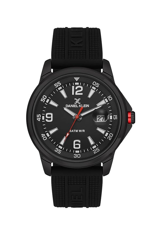 Daniel Klein Premium black dial watch with three hands, date window, and silicone strap