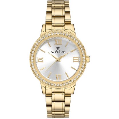 Close-up of white dial with Roman numerals, three hands, and crystal-set bezel
