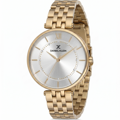 Daniel Klein Classic white dial gold women's watch with Roman numerals and gold bracelet