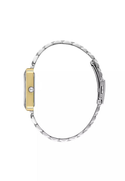 Side view of Daniel Klein two-tone rectangular watch showing profile and bracelet