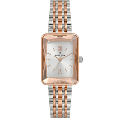 Daniel Klein rectangular women's watch with rose gold case and two-tone bracelet